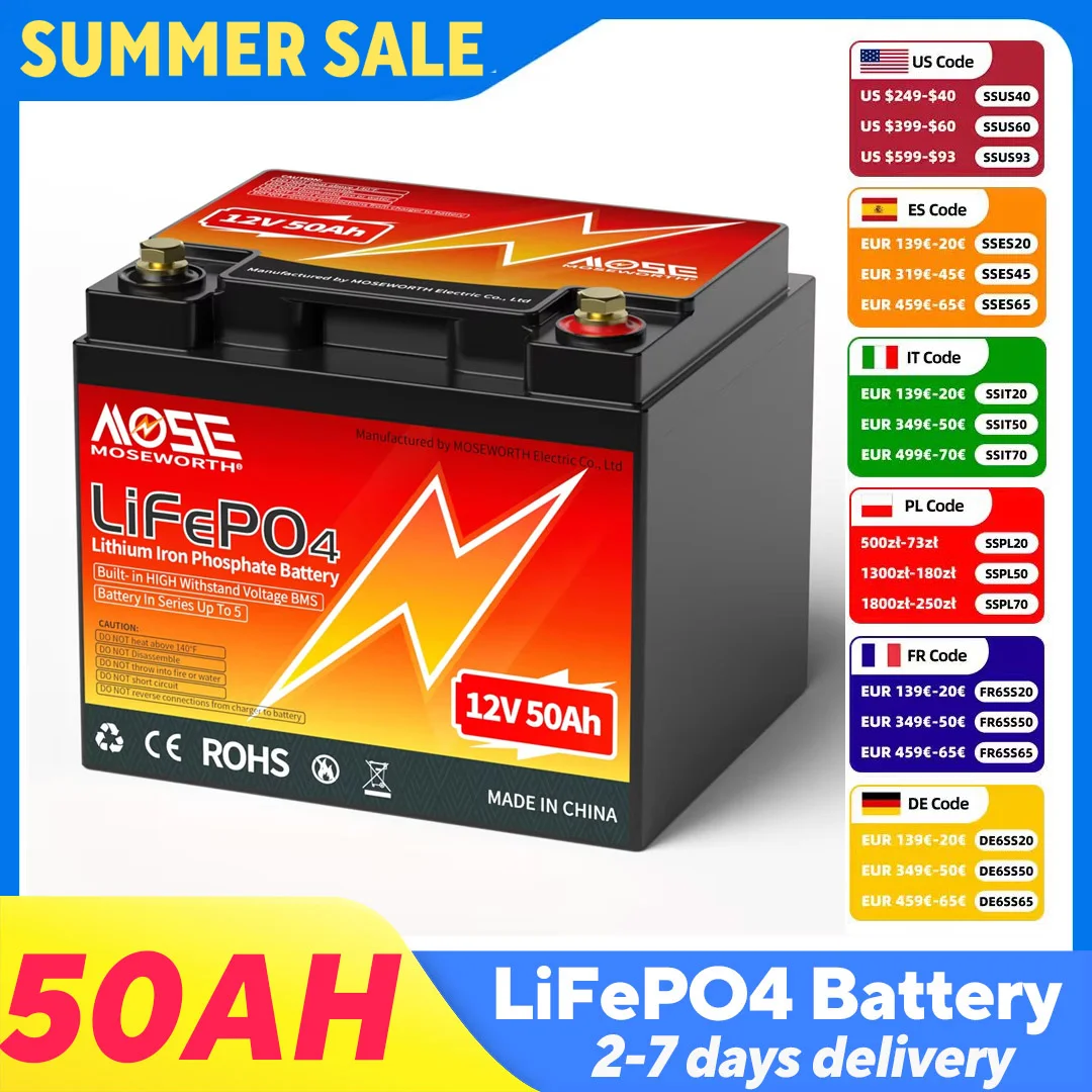 

12V 50AH Lithium Battery LiFePO4 Battery Deep Cycle Built-in 50A BMS for Home Storage Trolling Motor RV Off-Grid Solar System