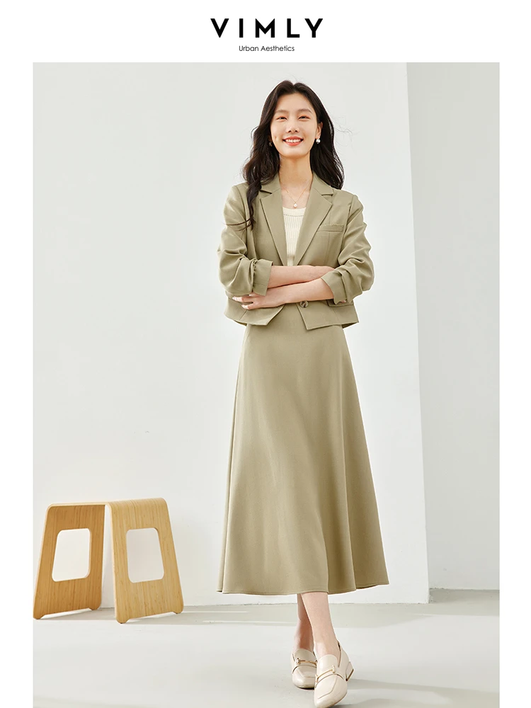 Vimly Spring Women's Suit Short Lapel Blazer Midi Skirt Office Lady Two Piece Set 2024 Elegant Matching Sets Clothing M5799