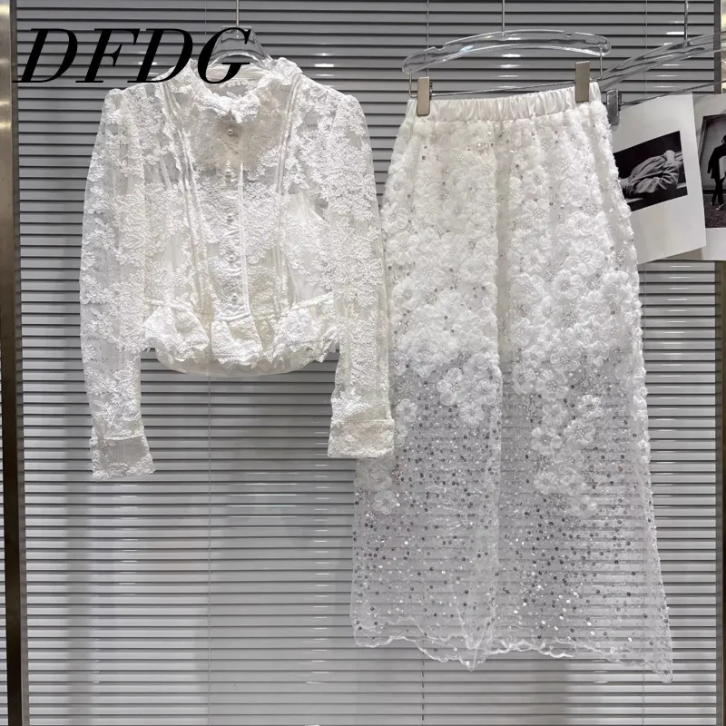 DFDG レディース 春 白 レース ツーピースセット 長袖ブラウス スパンコールスカート フォーマルウェア 2025 トレンド フェミニンファッション 衣装セット