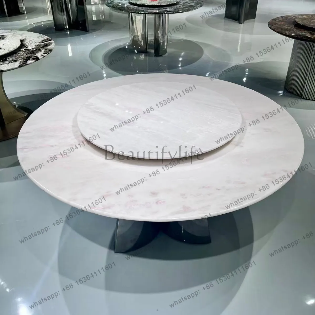 Modern minimalist stainless steel bottom base natural luxury stone round dining table Italian natural round dining table
