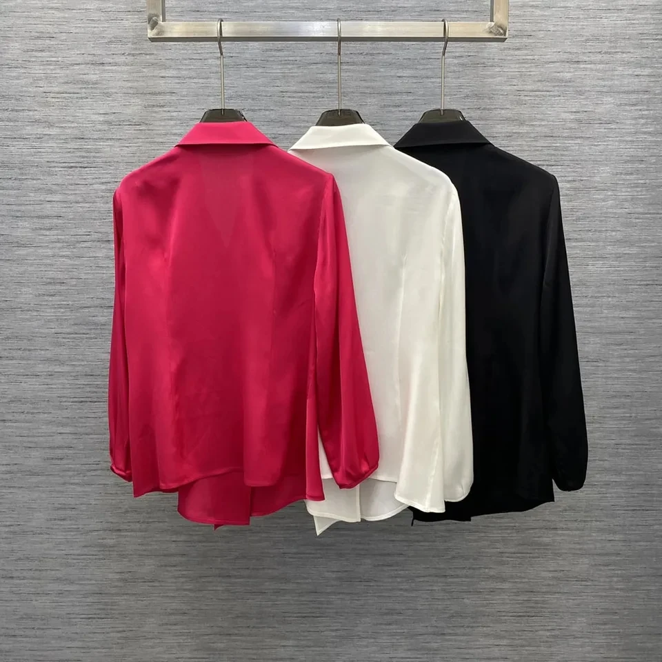 High quality 100% silk 2024 spring women long sleeve brief solid shirts turn down collar blouses