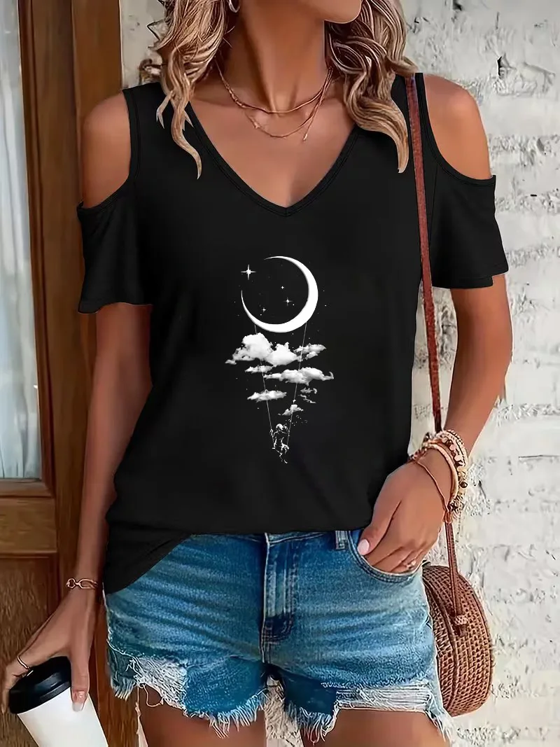 V-Neck Vintage Moon Print T-shirt Short Sleeve Graphic V Neck T Shirt Casual Top for Summer Spring Women's Clothing Shirt