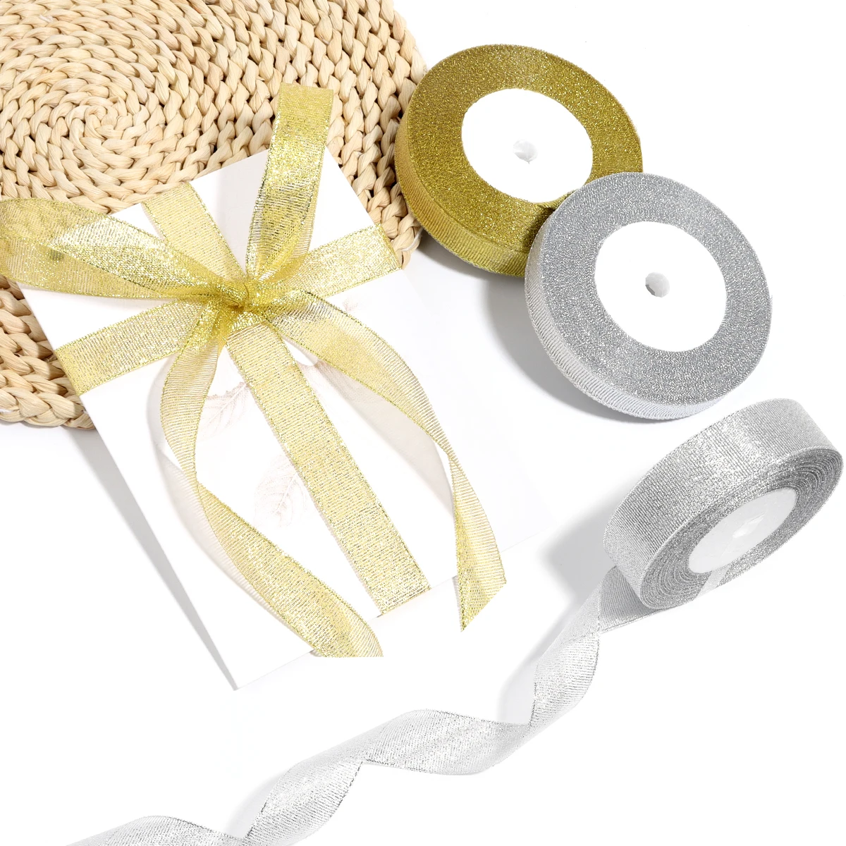 25Yards/Lot 0.6-5cm raso naturale oro argento nastro Glitter per fai da te fiocco artigianato confezione regalo mazzi decorazioni natalizie per feste