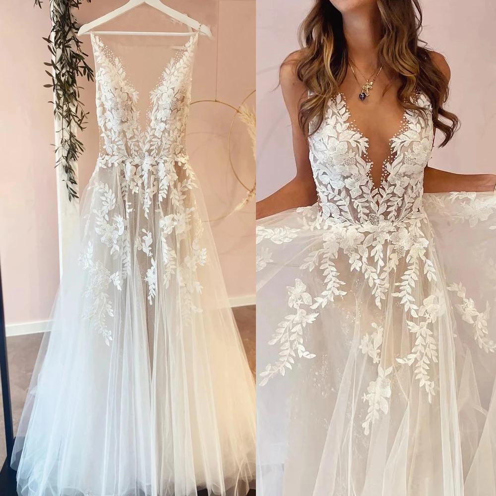 

Sexy A-Line Backless Wedding V-Neck Sleeveless Lace Applique Off White Tulle Floor Length Long Bridal Dress Custom Made