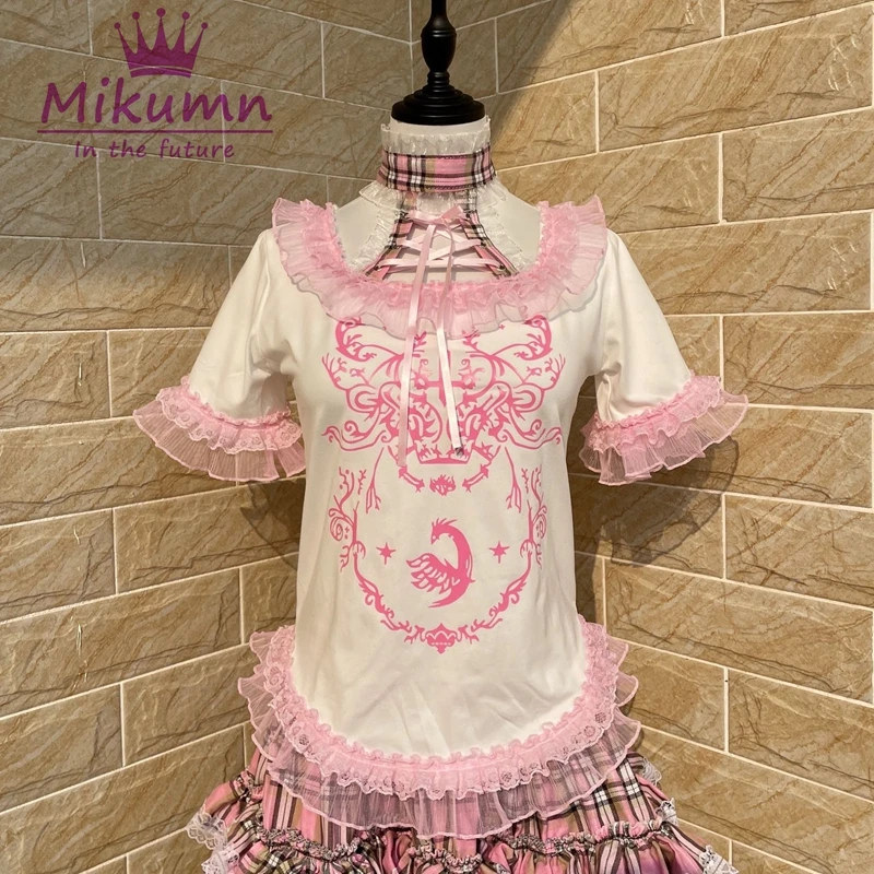 Mikumn Harajuku Women Gothic T-Shirts Y2K Aesthetic Punk Hollow Out Lace-up Lace Short Sleeve Tees Streetwear Fairy Grunge Tops