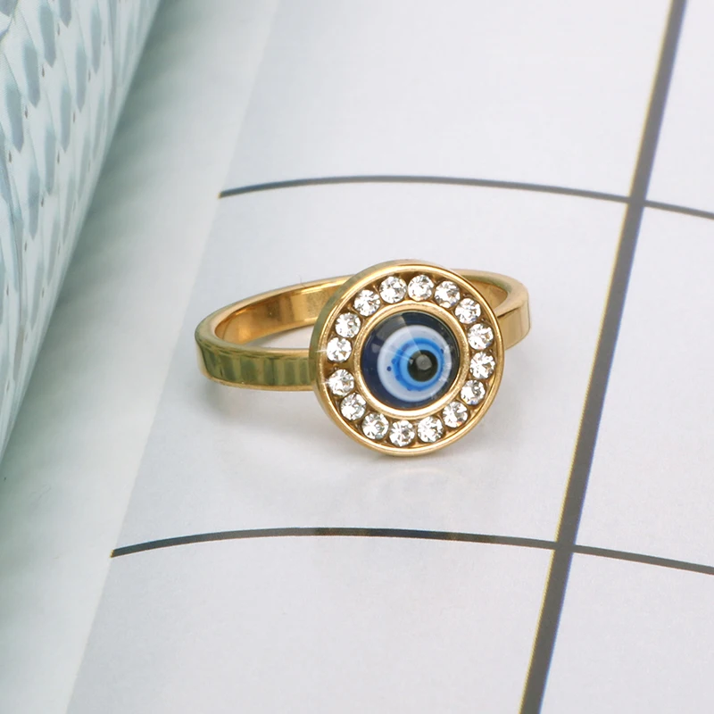 Hgflyxu Gold Color Stainless Steel Turkish Blue Evil Eye Rings for Women Men With Rhinestone Lucky Protection Jewelry Gifts