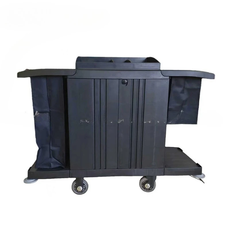 Plastic hotel service cart, three-layer multi-functional linen trolley, black grid bar, hotel room entrance cart