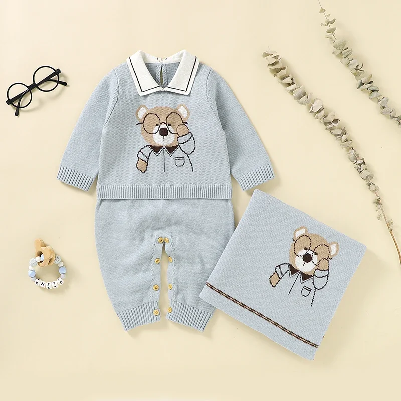 

Newborn Baby Clothes Set Cotton Knit Toddler Long Sleeve Turn-down Jumpsuit +Bed Quilt Infant Girl Boy Romper +Blanket Cute Bear