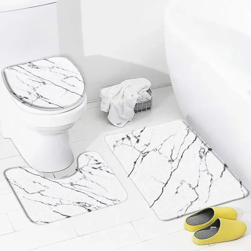 VIKAMA 3pcs Ink Marble Texture Bathroom Rug Set, Noise Reducing & Washable, Toilet Mat for Shower Restroom Home Decor