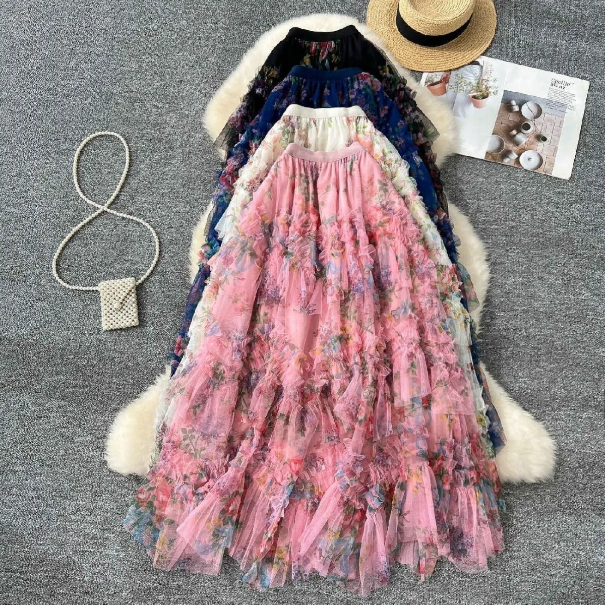 

Юбка трапециевидной формы с высокой талией, женская пышная юбка феи с цветочным принтом, корейская юбка-миди из полиэфирного волокна для поездок на работу