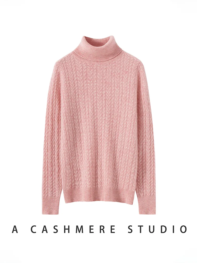 2025New mujeres 100% suéter de cachemira cuello alto Cable tejido básico jersey de manga larga Otoño Invierno suave cálido Casual prendas de punto Tops