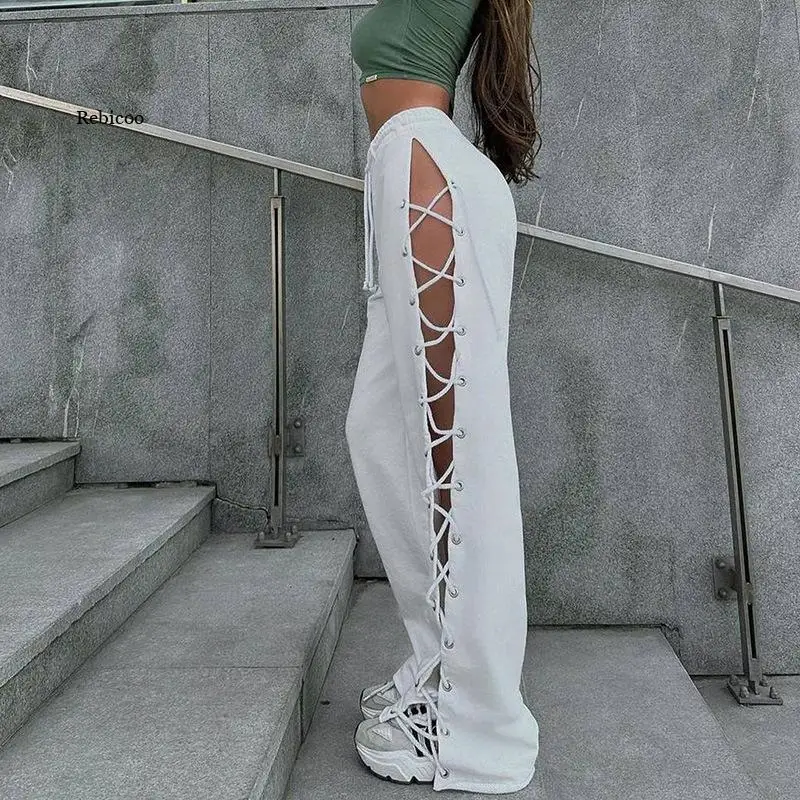 Summer 2023 New European and American Style Street Versatile Slim Fit Side Split Strap Hollow Wide Leg Pants