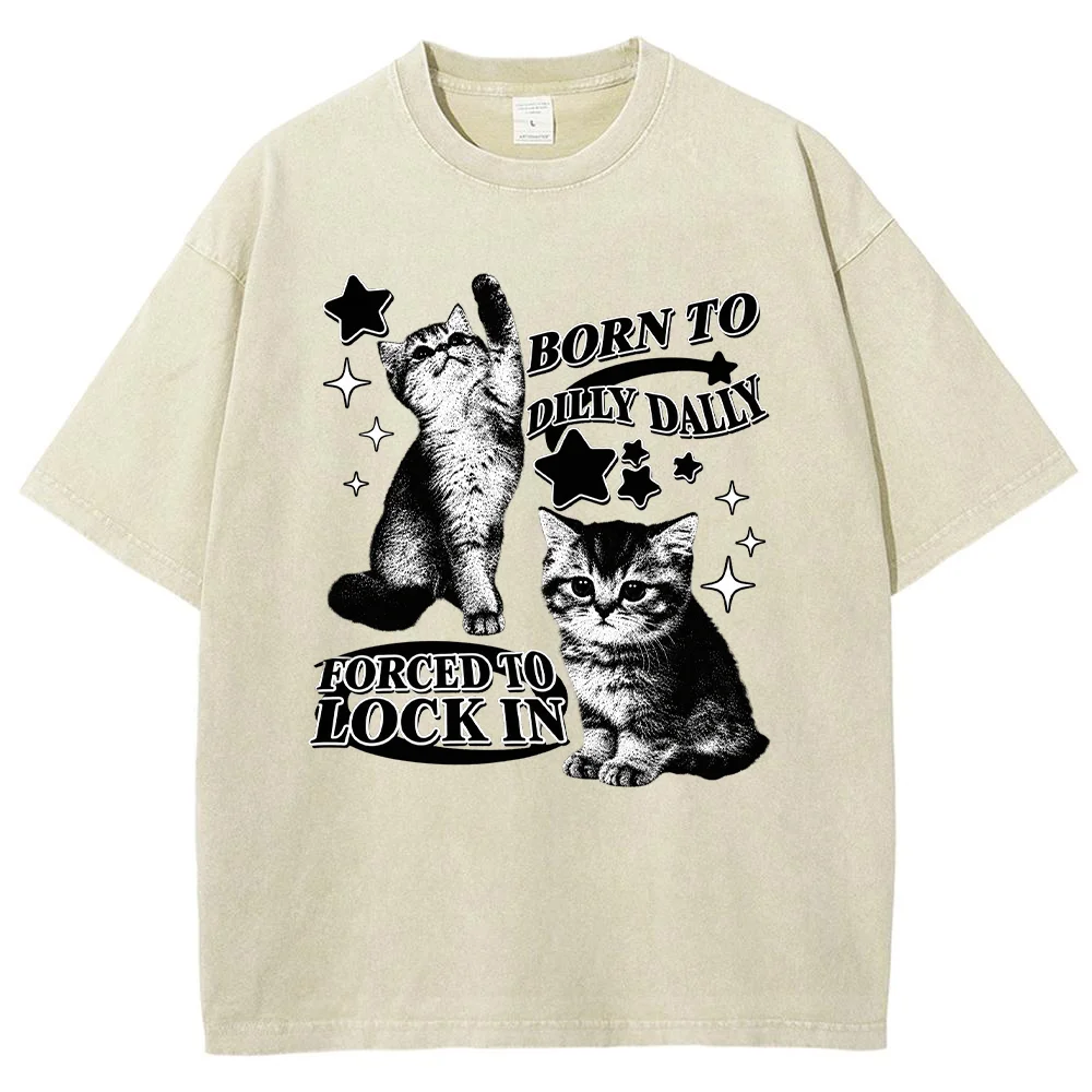 Women Born To Dilly Dally Cat Print T Shirt Funny Quote Graphic Tee Summer Short Sleeve Top Casual Streetwear Fashion