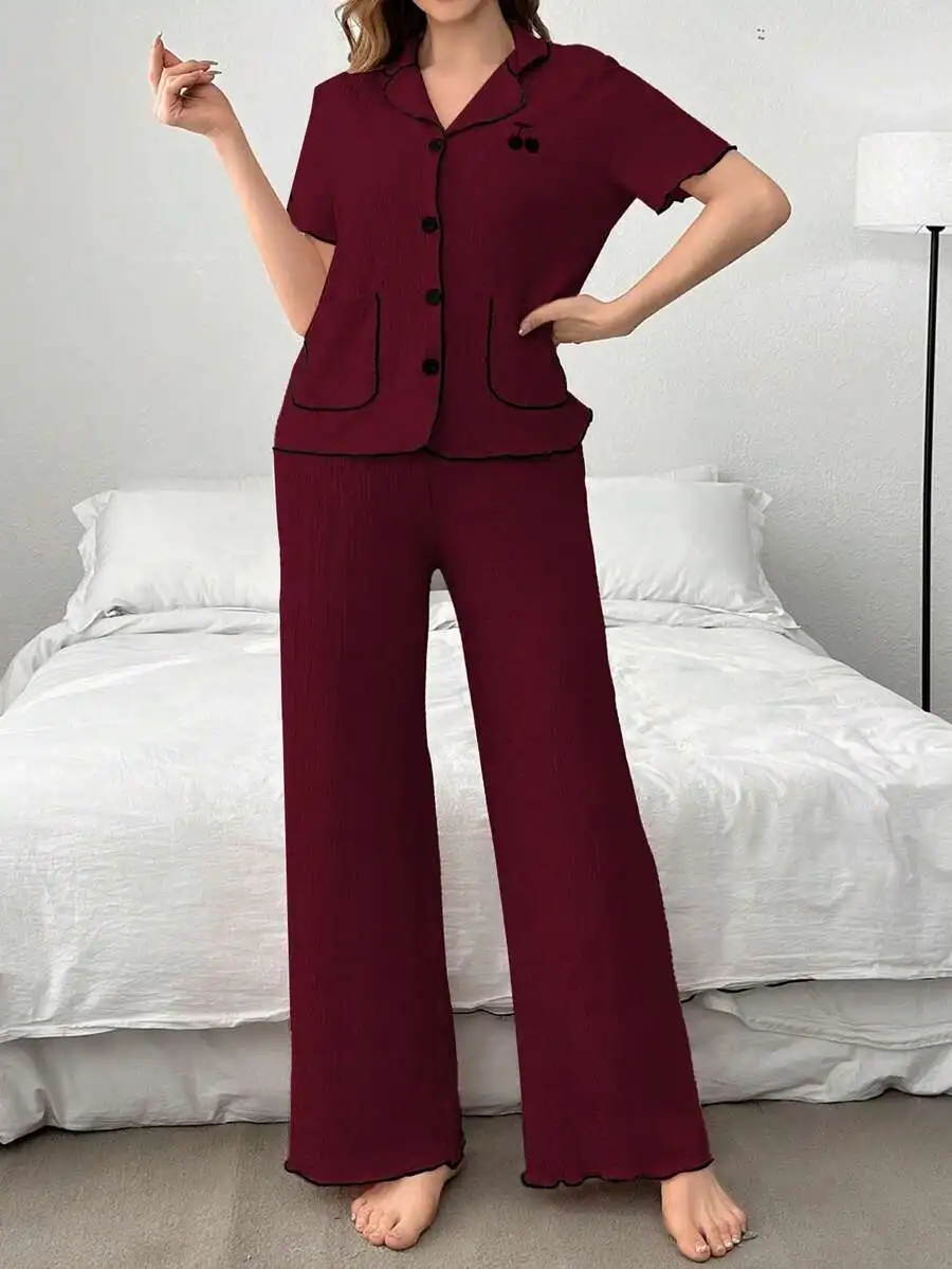 

Cherry Embroidery Contrast Trim Short Sleeve Pajama Set Women Lounge Wear