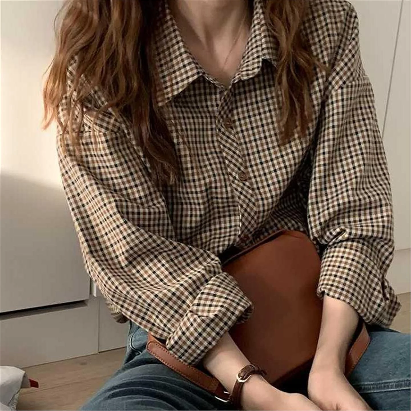 

Brand Button Women's Design Inner Plaid Long Sleeve Loose Spring Autumn Shirt Base Layer Small Audience Composite
