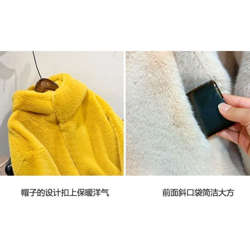 여성용 두꺼운 타입 모조 밍크 헤어, 긴 스타일 후드, 느슨한 인조 봉제 모피 코트, 가을 및 겨울