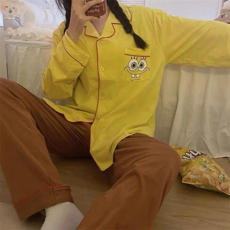 Spongebob Long Sleeved Pajamas Sets Cute Cartoon Couple Nightwear Suit 2 Piece Set Soft Cotton Spring Autumn Man Women Clothes