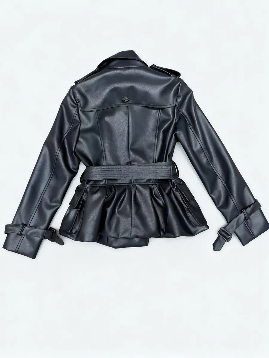 TWOTWINSTYLE Solid Slimming Spliced Lace Up Basics Trenchs for Women Lapel Long Sleeves Patchwork Pocket Leather Trench Female