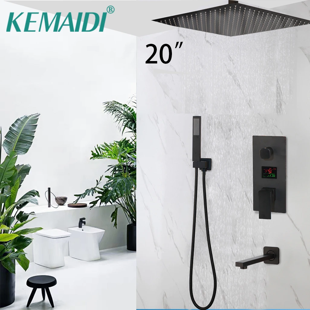 KEMAIDI Matte Black Temperature Display Black 20 Inch Wall Mount Bathroom Rainfall Faucet Sets Shower Head Hand Set