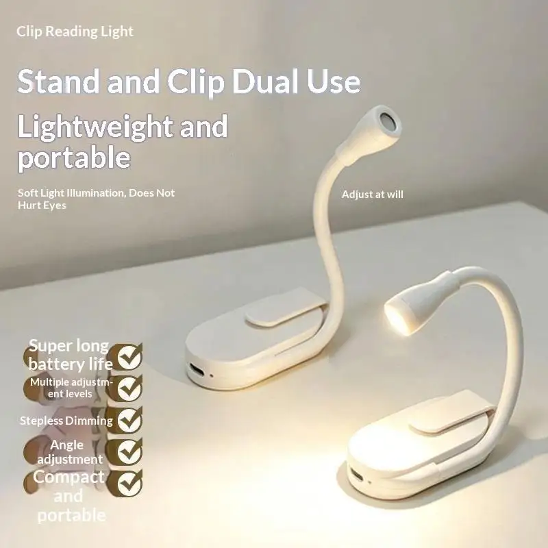 Portable Clip LED Reading Light USB Rechargeable Book Light Clip-on Bed Night Light Stepless Dimmable Eye Protection Desk Lamp