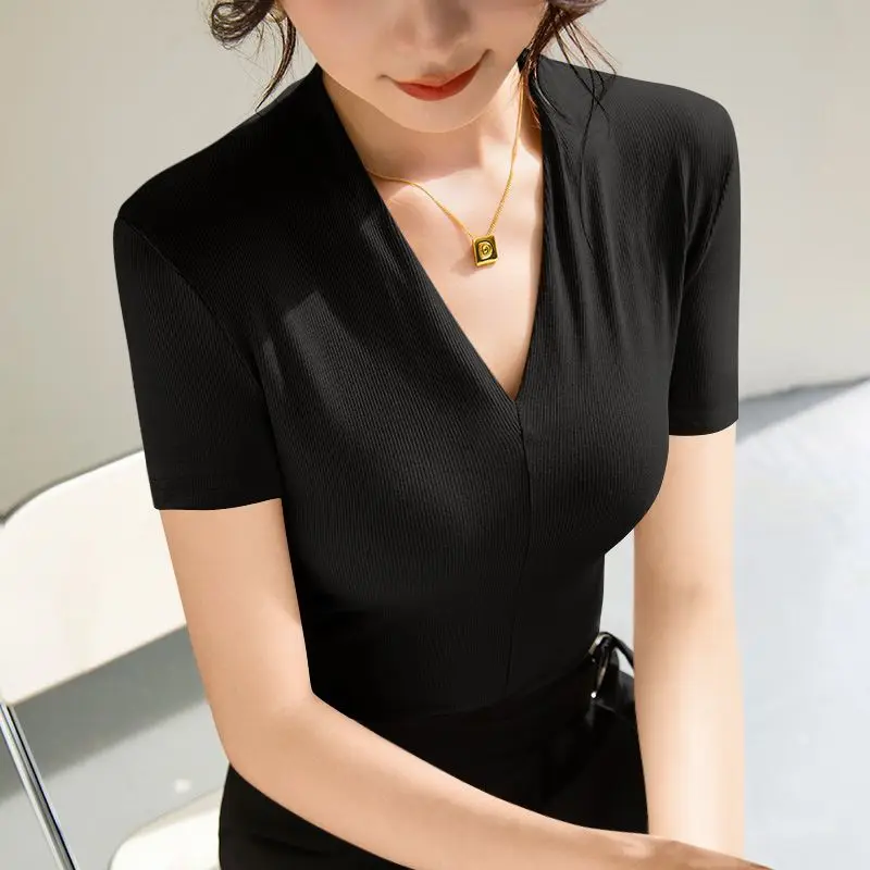 Summer New Sexy Short Sleeved T-shirt Basic V-Neck Solid Color Base Shirt Breathable Leisure Outdoor Lightweight Threaded Top
