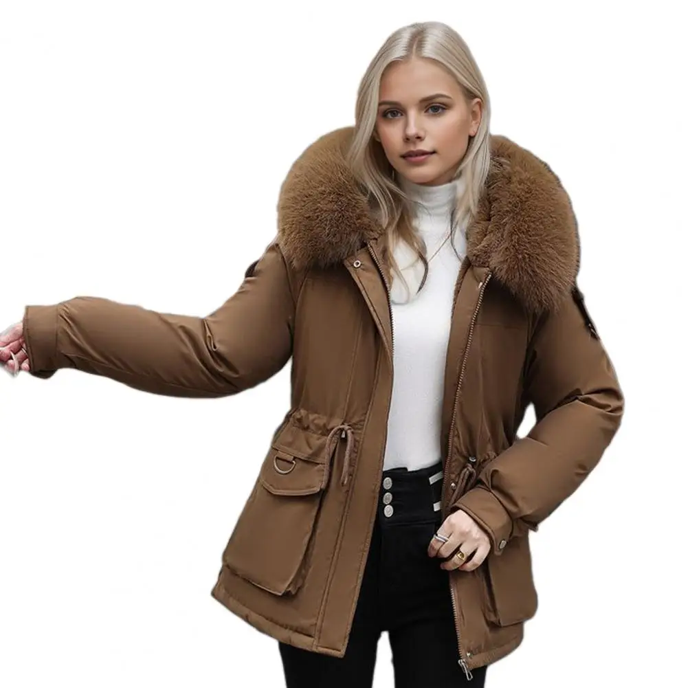 Thick Winter Women Cotton Jacket Furry Hood Thickened Plush Long Sleeves Elastic Waist Coat Mid Length Warm Down Parkas Coat