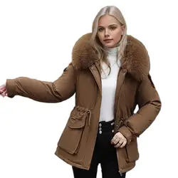 Thick Winter Women Cotton Jacket Furry Hood Thickened Plush Long Sleeves Elastic Waist Coat Mid Length Warm Down Parkas Coat