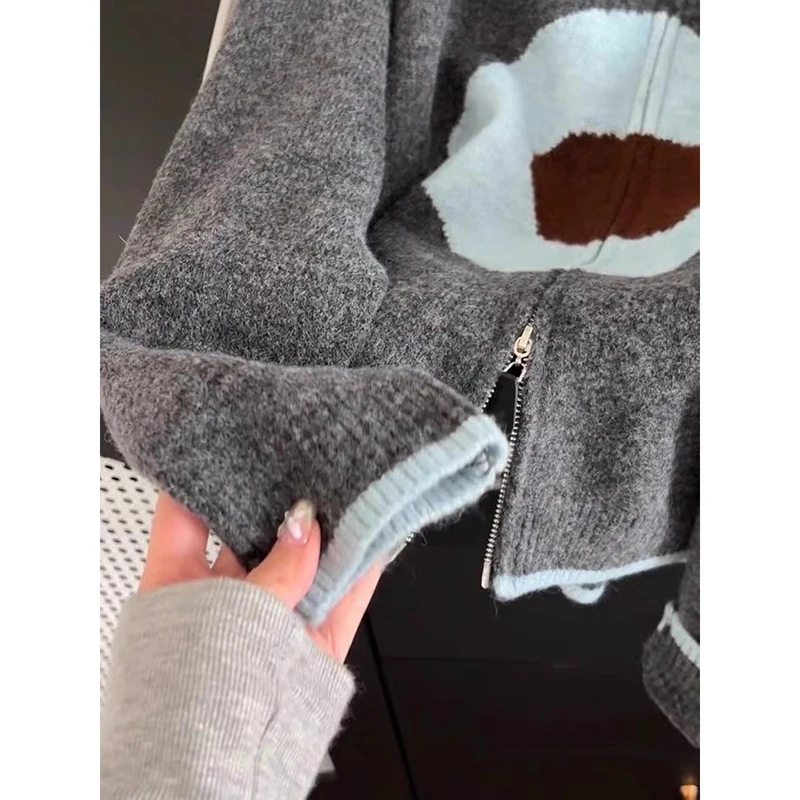 YIBASHU Autumn Winter Contrast Color Sweater Coat Women Japanese Korean Style Loose Double Zipper Knitted Cardigan Jacket Female