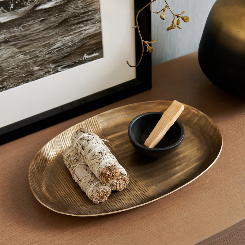 Bronze gold oval fruit plate tray model room entrance aluminum storage plate ornament