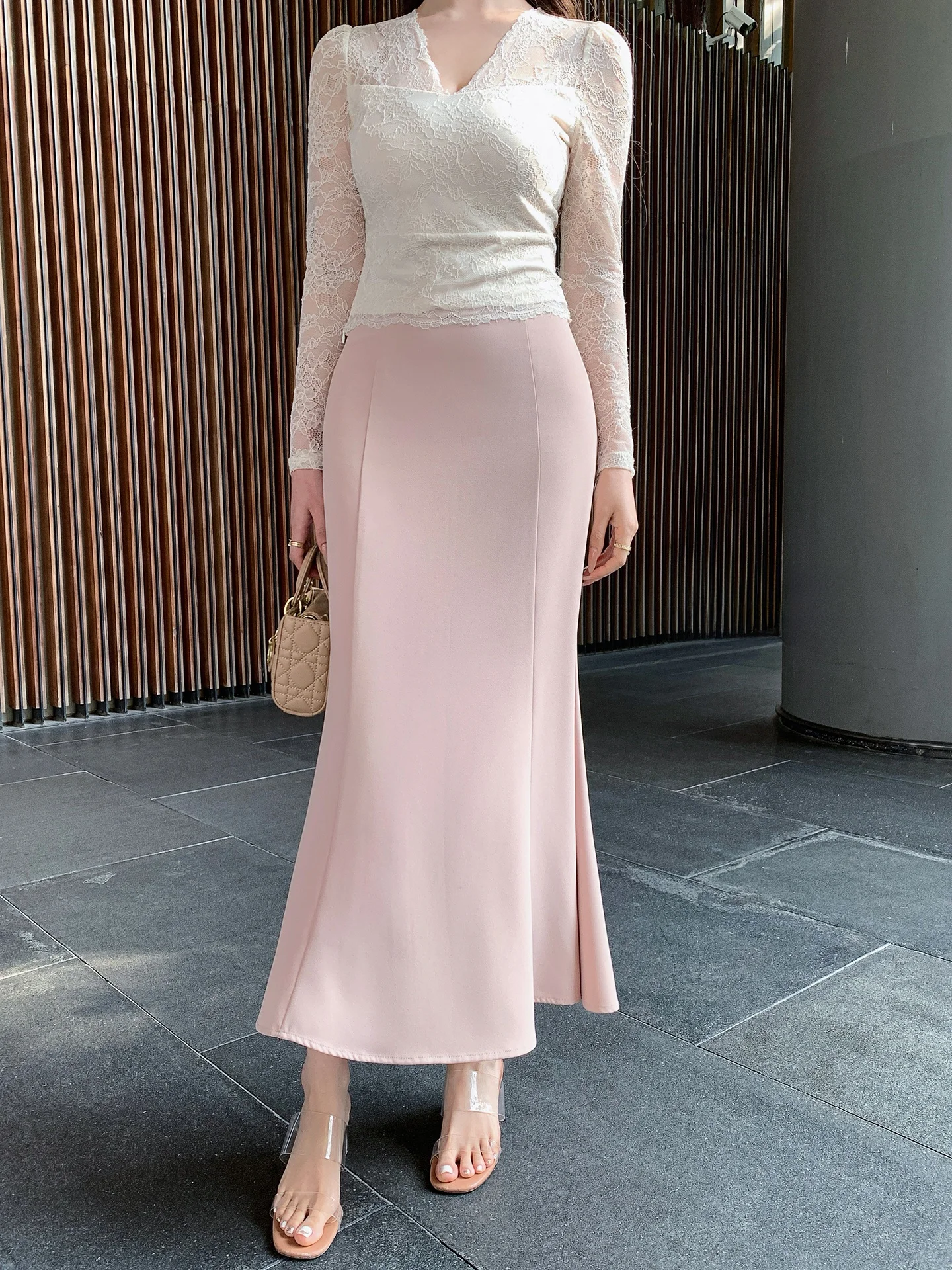 

Ele Pink Fi Tail f Skirt High Waist Women's Korean Sle Long Skirt Commute Faion Ci Casual Breathable Polyester