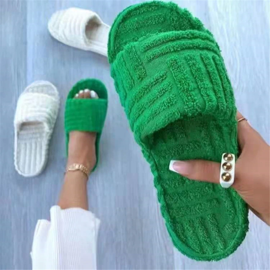 2024 Open Toe Thick Sole Warm Furry Women Shoes Embossed Cotton Drag Outdoor All-match Casual Slippers Green Flat Ladies Slides