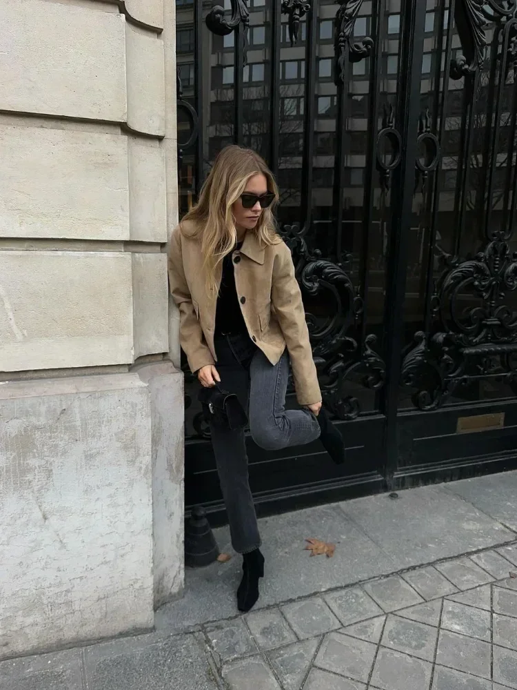 Abrigos de manga larga con bolsillos y solapa para mujer, prendas de vestir exteriores informales de un solo pecho, Color sólido, Tops elegantes de calle alta para otoño