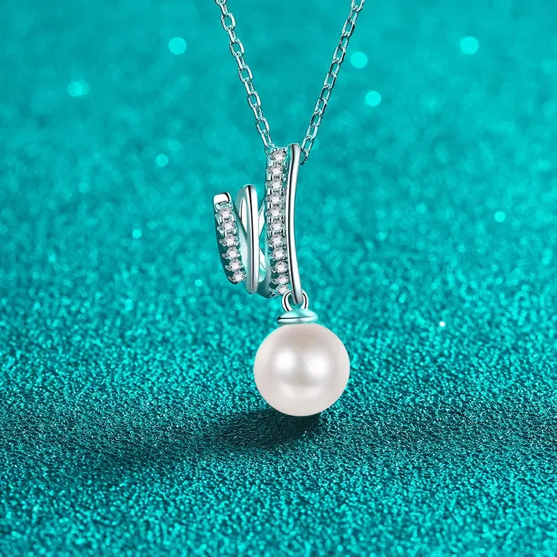 

Full Moissanite Diamond Pendant Necklaces for Women 925 Sterling Silver 8mm Freshwater Pearl Lady Clavicle Chain New 2023