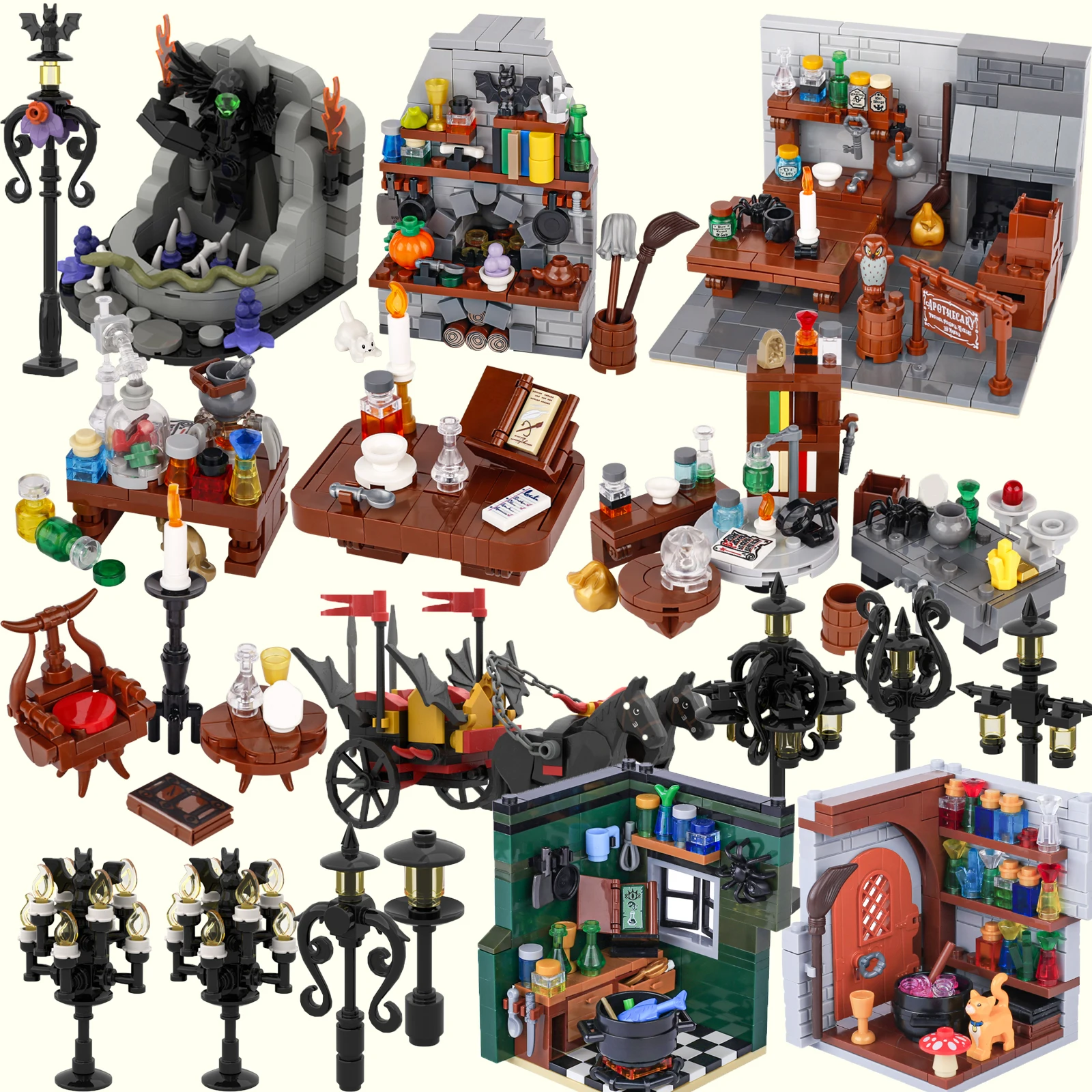 MOC Medieval Alchemy Room Kitchen Wizard Potion Building Blocks Devil's Spring Castle road lamp Witch Figures Scene Skull Bricks