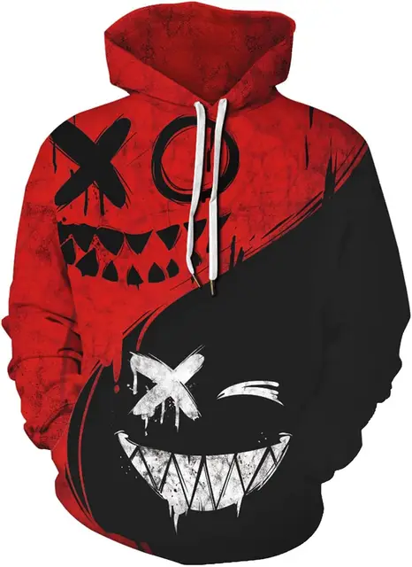 Cienkie bluzy z kapturem Hip Hop XOXO Wzór Modny Diabeł Uśmiechnięta Twarz Nadruk 3D Bluzy Mężczyźni Kobiety Moda Casual Śmieszne Bluzy Topy