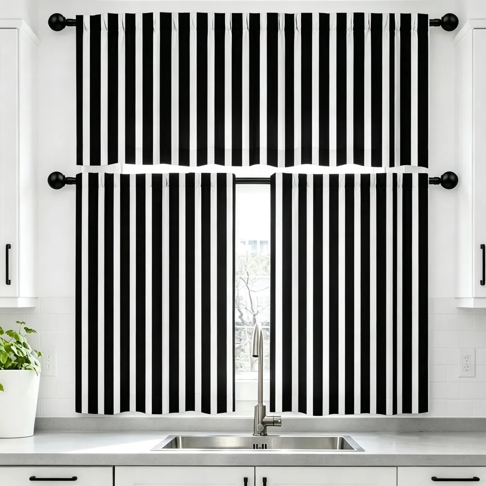 Minimalist Kitchen Curtains, Black White Vertical Stripe, Digital Print, Kitchen Dining Room, Rod Pocket Polyester, Home Decor