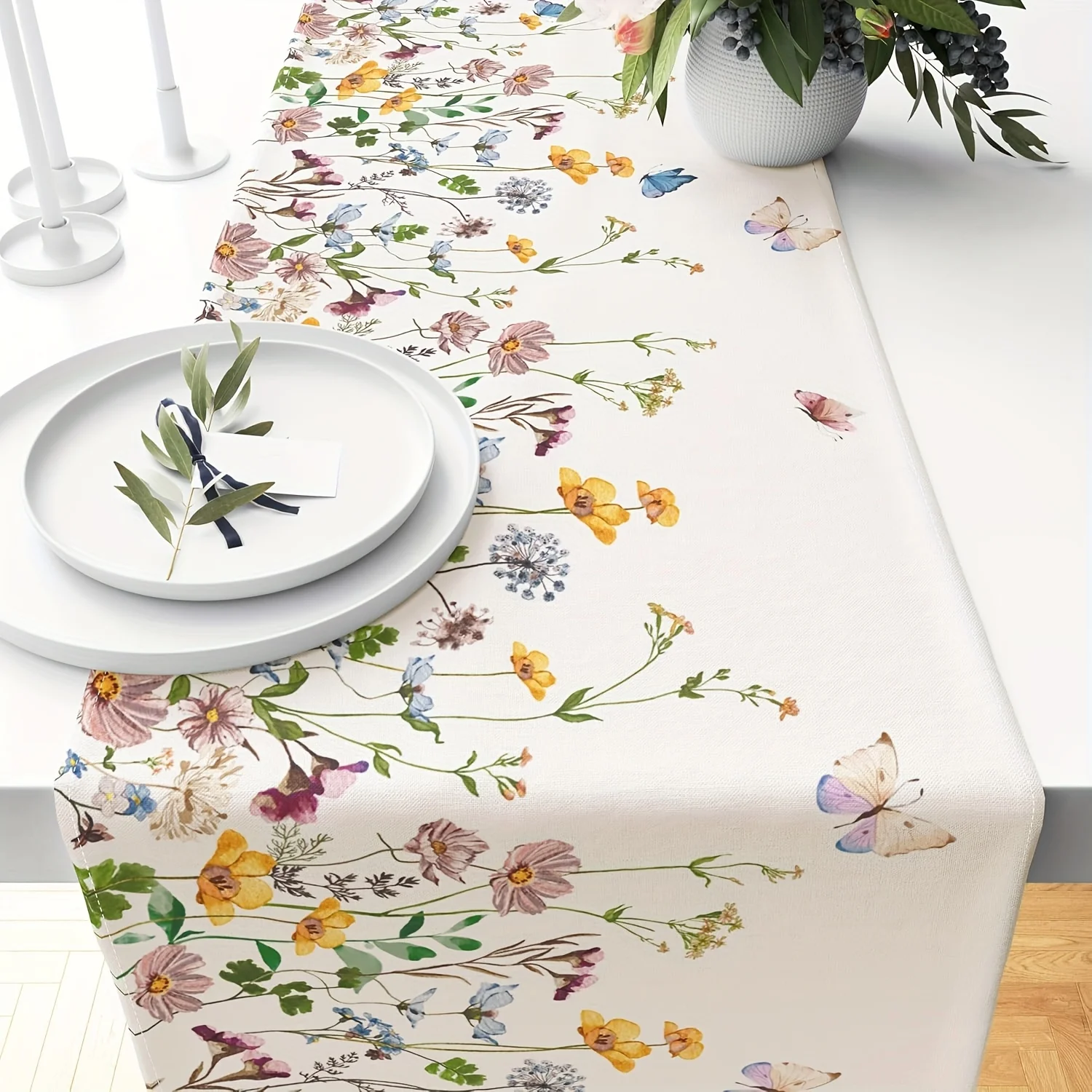 1pc Wildflower And Butterfly Table Runner - 100% Woven Rectangular Floral Table Cover For Dining Kitchen Spring Wedd