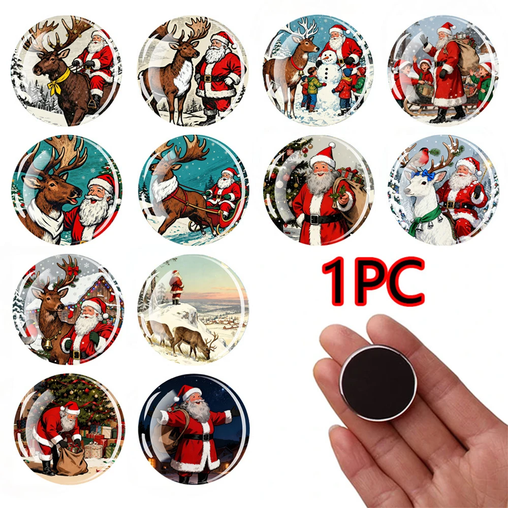 1PC 30MM Santa Claus and Elk Dome Glass Circular Refrigerator Sticker Santa Claus and Elk Decoration Christmas Gift