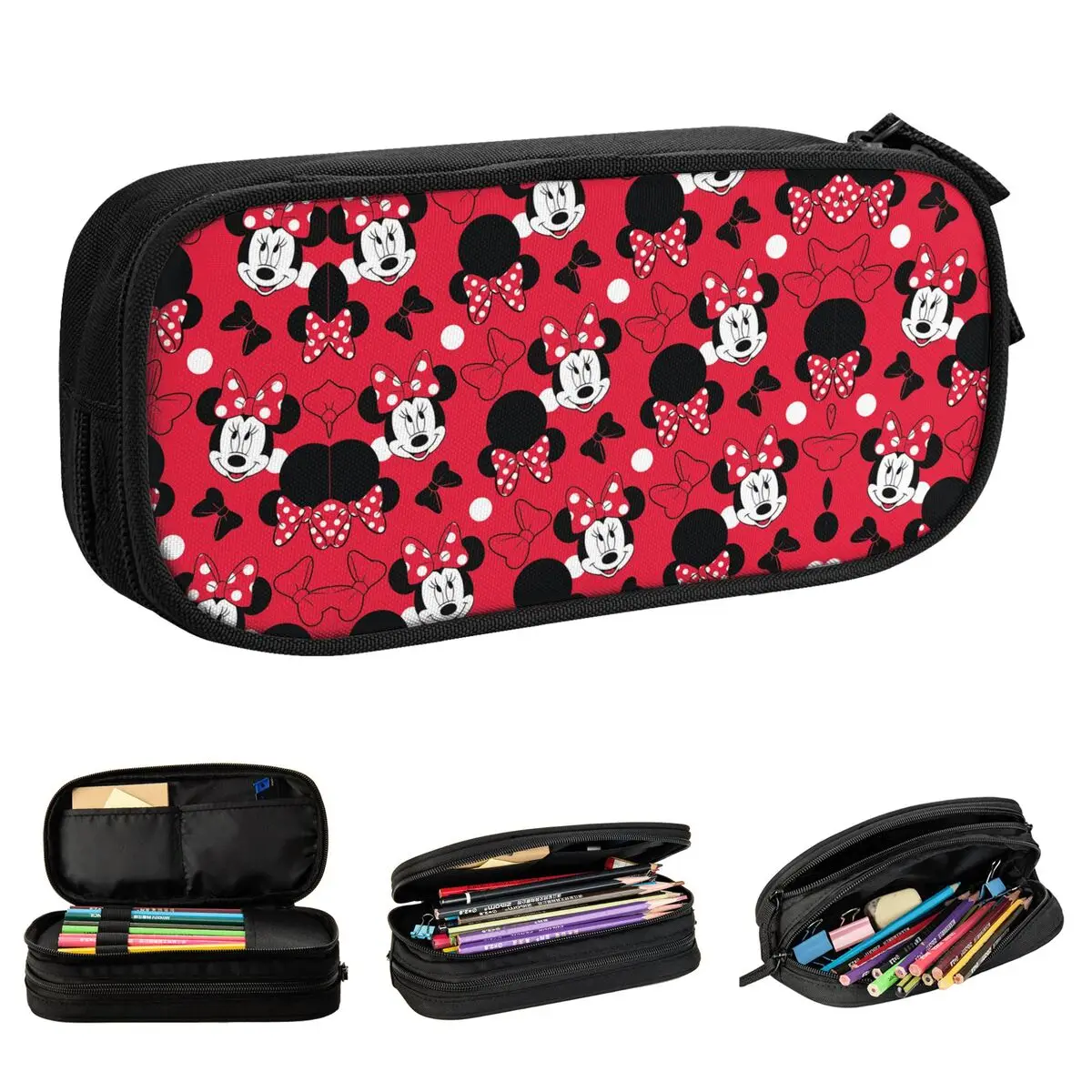 Red Mickey Minnie Bowtie Pencil Case Pencilcases Pen for Student Big Capacity Pencil Bags Students School Gift Stationery