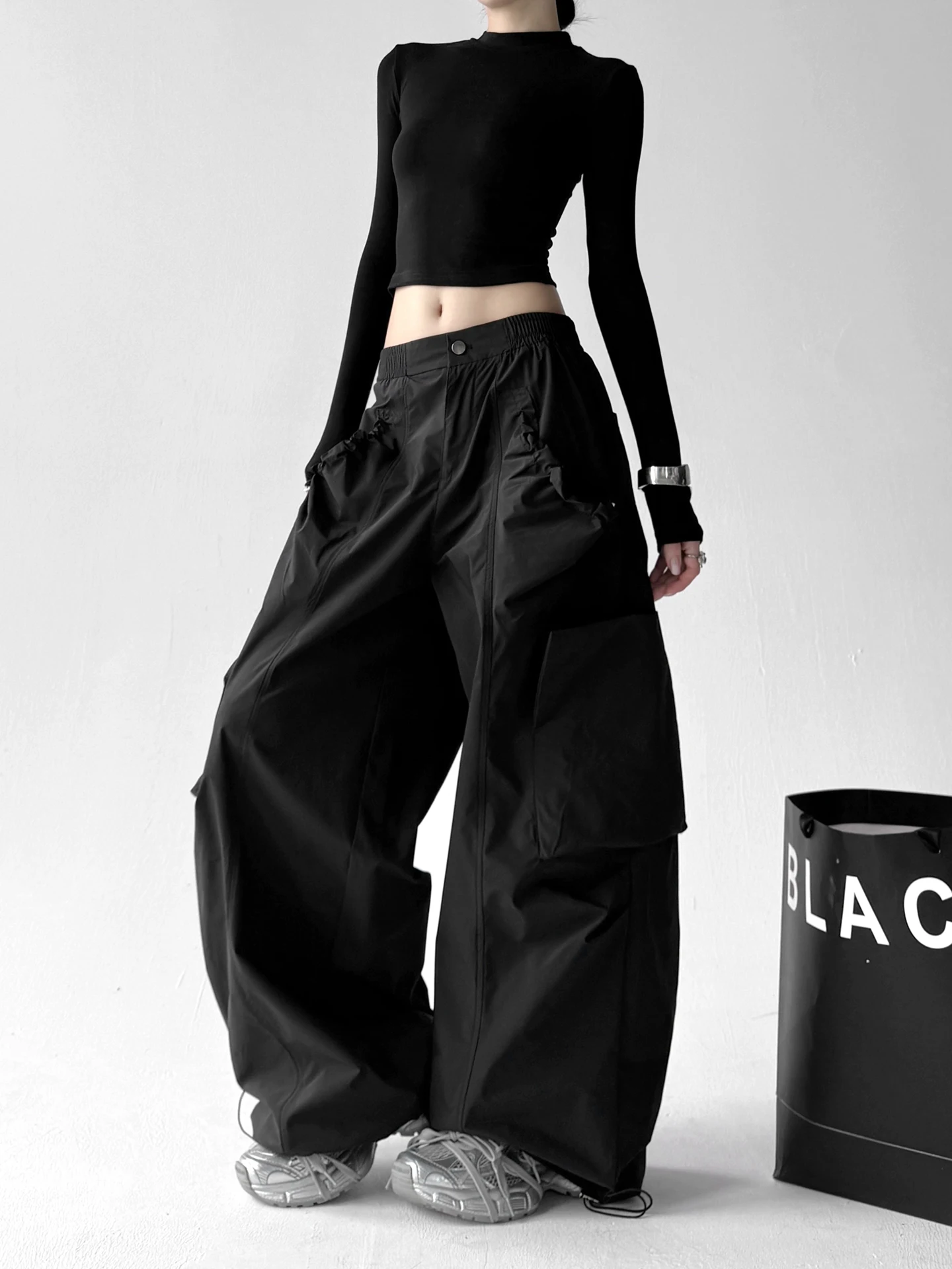 الأمريكية الرجعية المظلة عالية الخصر واسعة الساق سراويل تقليدية المرأة الصيف التخسيس تصميم السراويل الطويلة ملابس العمل Sle