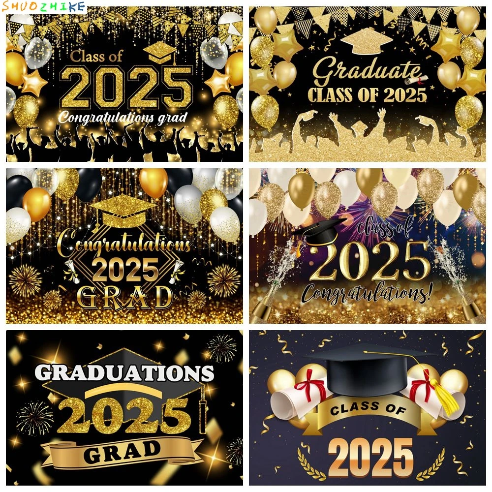 

2025 Graduation Photography Backdrop Glitter Balloons Doctoral Hat Prom Party Graduate Portrait Photo Background Photostudio