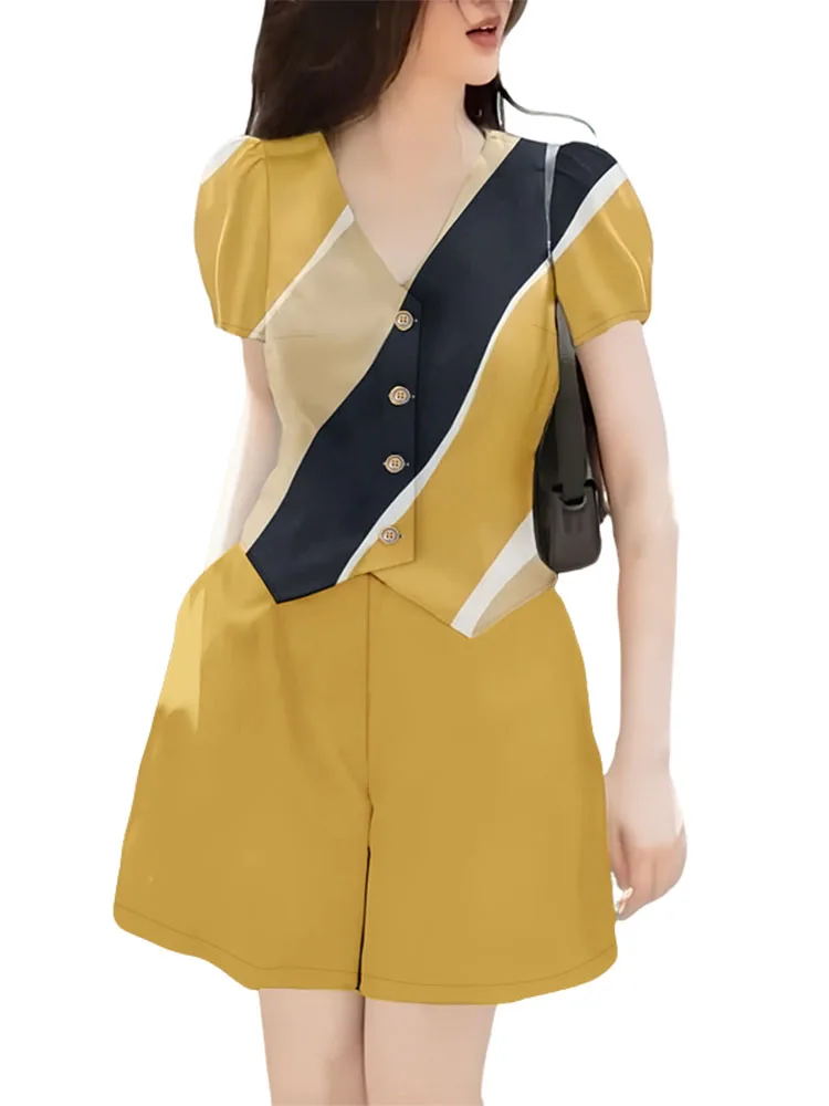 ZANZEA Womens Contrast-Stripe 2 ชิ้นชุดพัฟแขนสั้น V คอเสื้อ Elastic เอวกางเกงขาสั้น 2 ชิ้นชุดแฟชั่นชุดสั้น