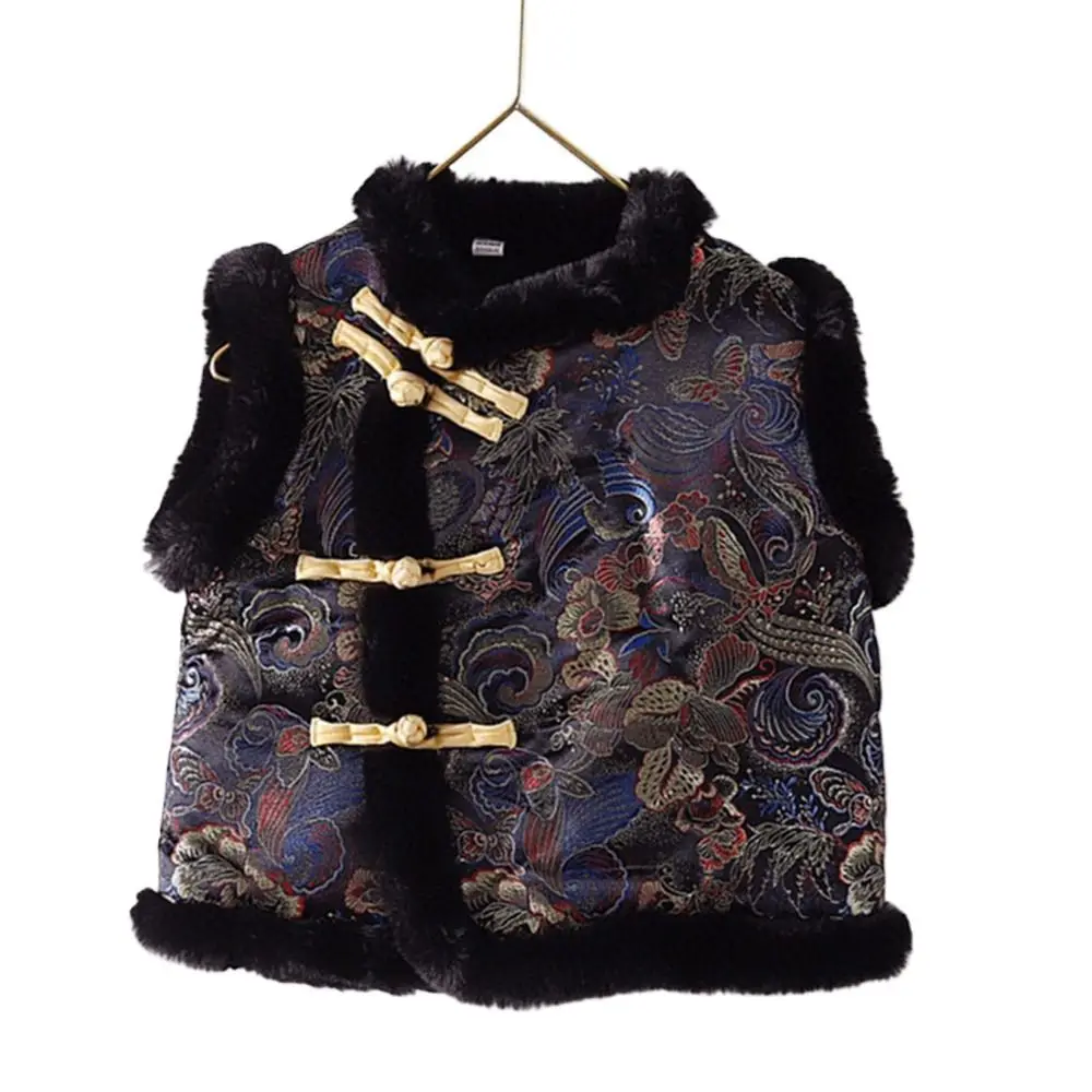 

Spring Festival Fleece Girl Vest Coat Chinese Style Sleeveless Boys Tang Suit Tops Colorful Thermal Chinese New Year Jacket Kids