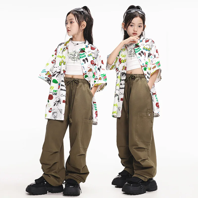 

New Street Dance Costume Girls Hip Hop Clothing Print Short Sleeved Shirt White Vest Pants Modern Dance Performance Stage Wear