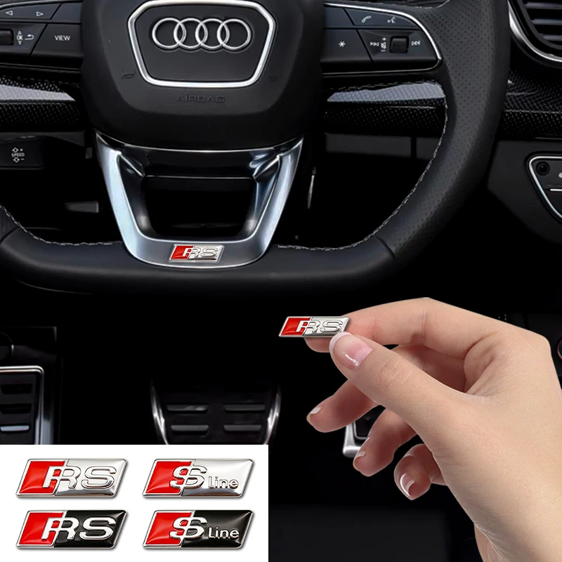 Emblema 3D de alumínio para volante, compatível com Audi Q3 Q5 Q7 Q8 RS A3 A4 B8 B9 A5 A6 C7 A7, acessório tuning nas cores preto e prata.
