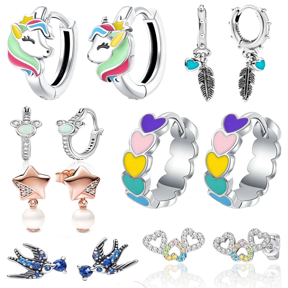 

Lovely 925 Sterling Silver Unicorn Pony&Colorful Love&Little Bear Star Pearl Earrings Little Girl's Birthday Gift Jewelry