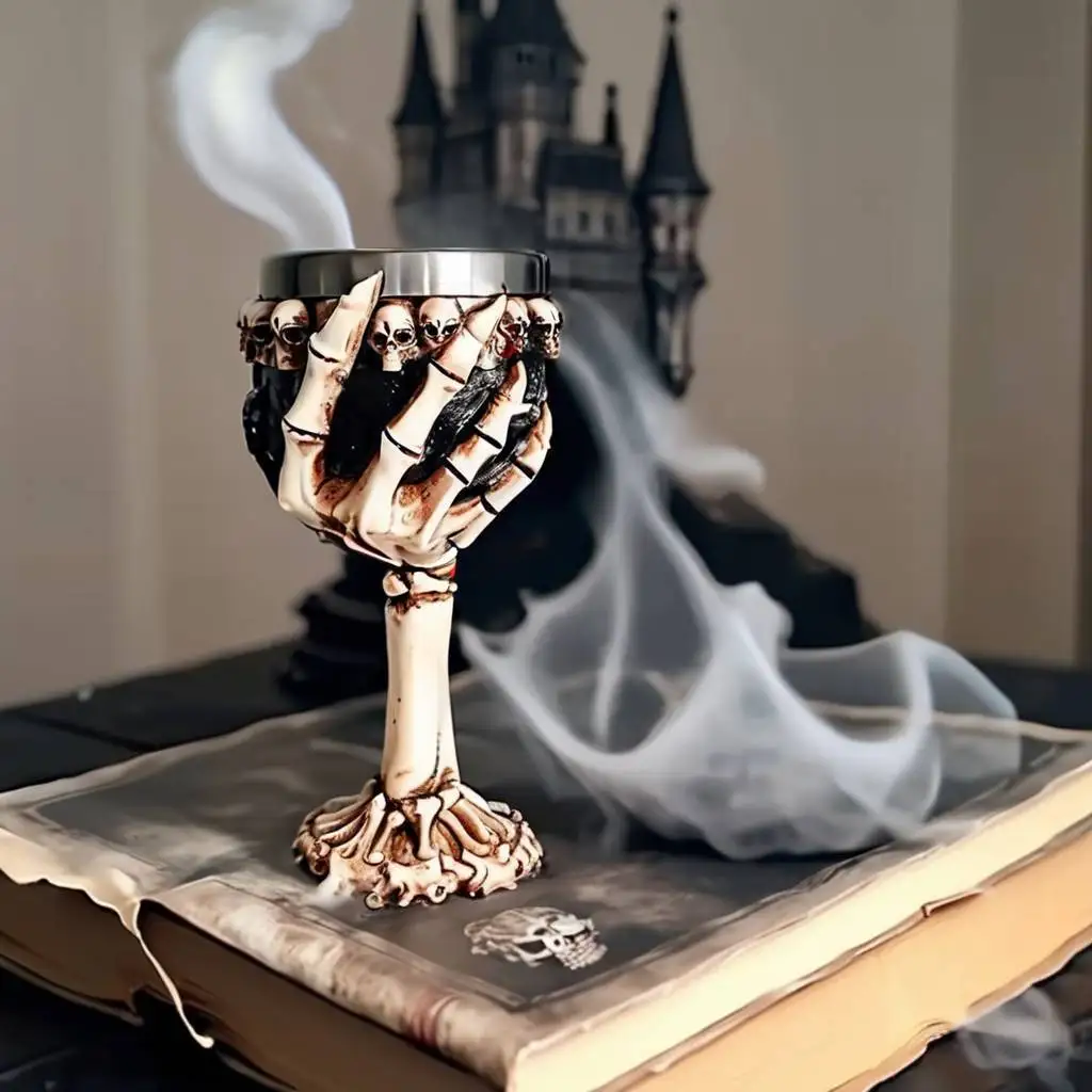 

Halloween Skull Goblet Cup 3D Relief Retro Gothic Style Ghost Hand Stainless Steel & Resin Red Wine Glass Halloween Men’s Gift