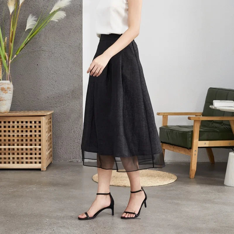 100% Natural Mulberry Silk Turtle Crack Gambiered Guangdong Gauze Black Pocket Design Elastic Waist Women\'s Fashionable Skirt