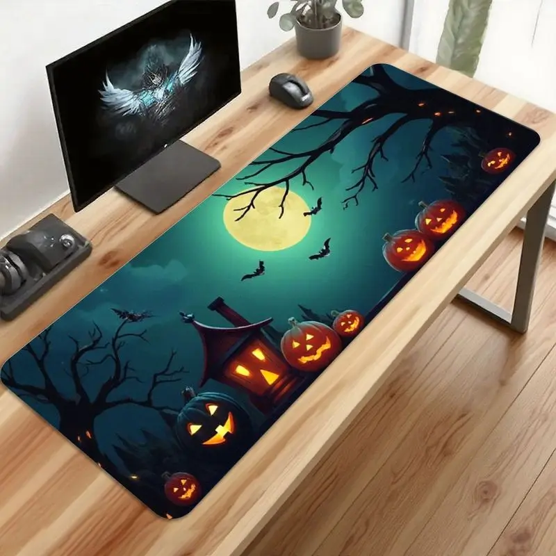 قطعة واحدة من لوحة الماوس الممتدة للهالوين جاك أو فانوس والقمر الكامل مع خفافيش، طباعة عالية الدقة، حصيرة مكتبية ذات سطح أملس مضادة للانزلاق للألعاب، #4