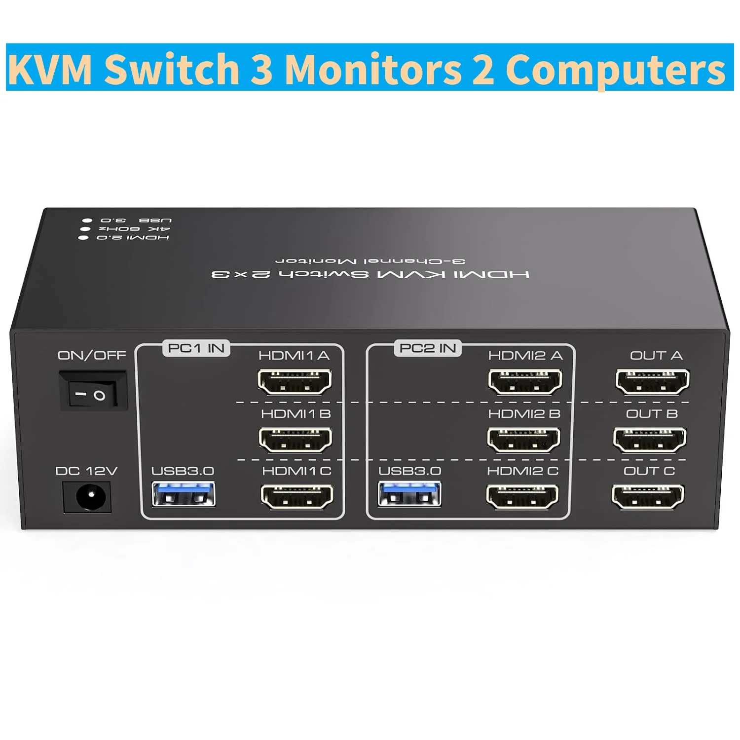 HDMI KVM Switch 3 Monitors 2 Computers 4K@60Hz KVM Switches with 4 USB 3.0 Ports for 2 Computers Sharing Triple Monitor